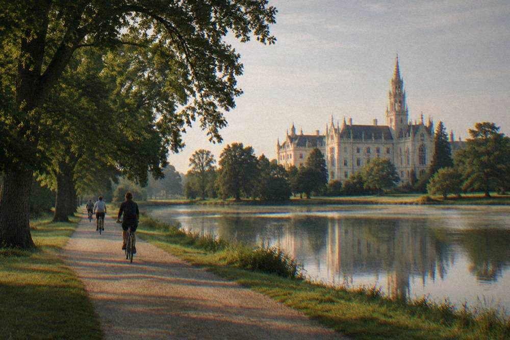 Cyclists on a flat tree-lined path between fishponds in the Lednice-Valtice parkland