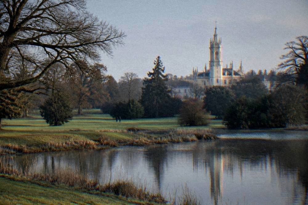 A wide view over the Lednice park with the chateau tower above the treeline