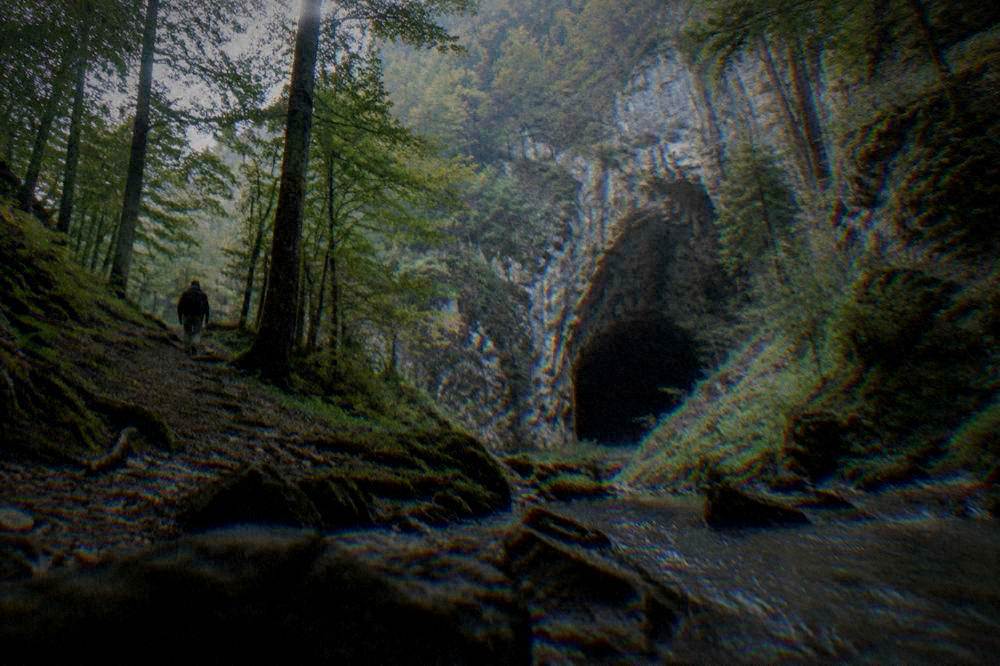 Limestone gorge with a dark cave mouth among trees