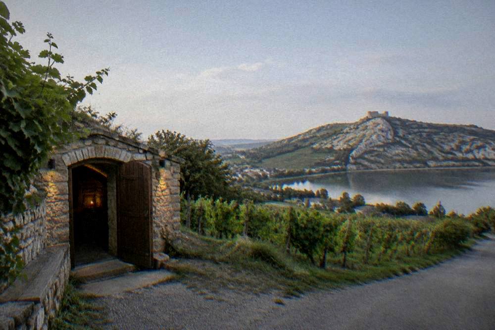 A stone wine cellar door standing open beside a village lane with vines behind it