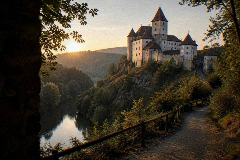 A winding path up a wooded slope leading to a castle silhouette