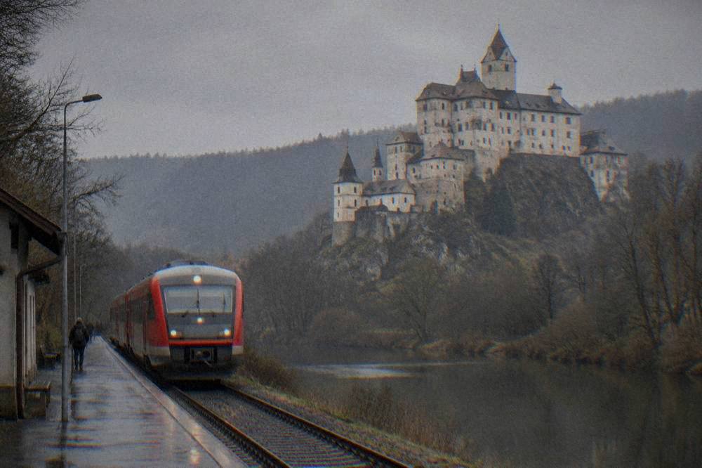A red regional train at a small Czech countryside station platform