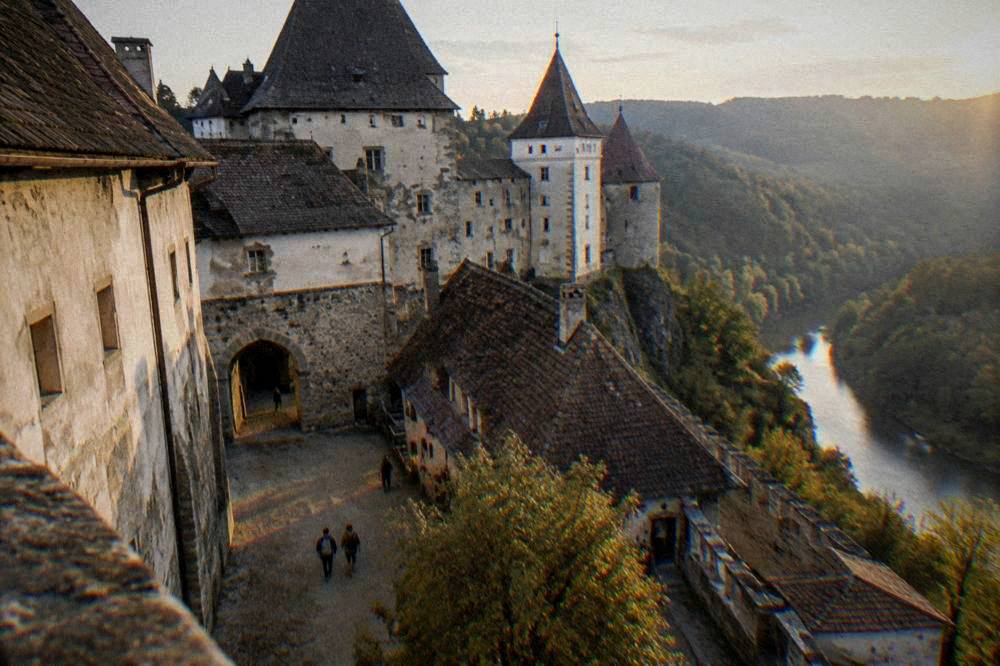 A castle courtyard at golden hour with stone walls and an arched passageway