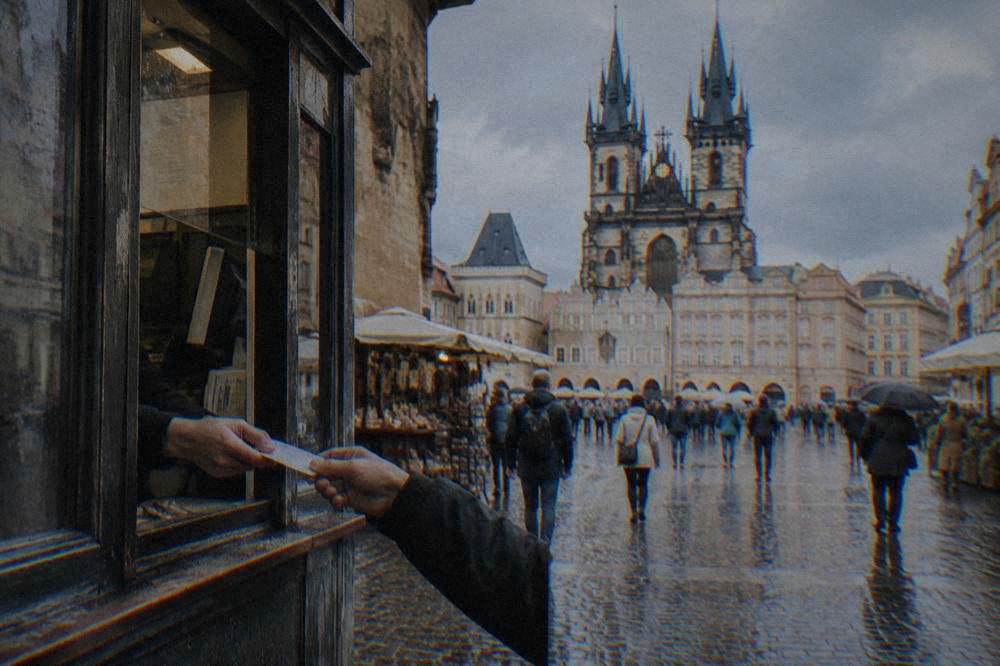 A ticket window with a hand receiving a paper transport ticket