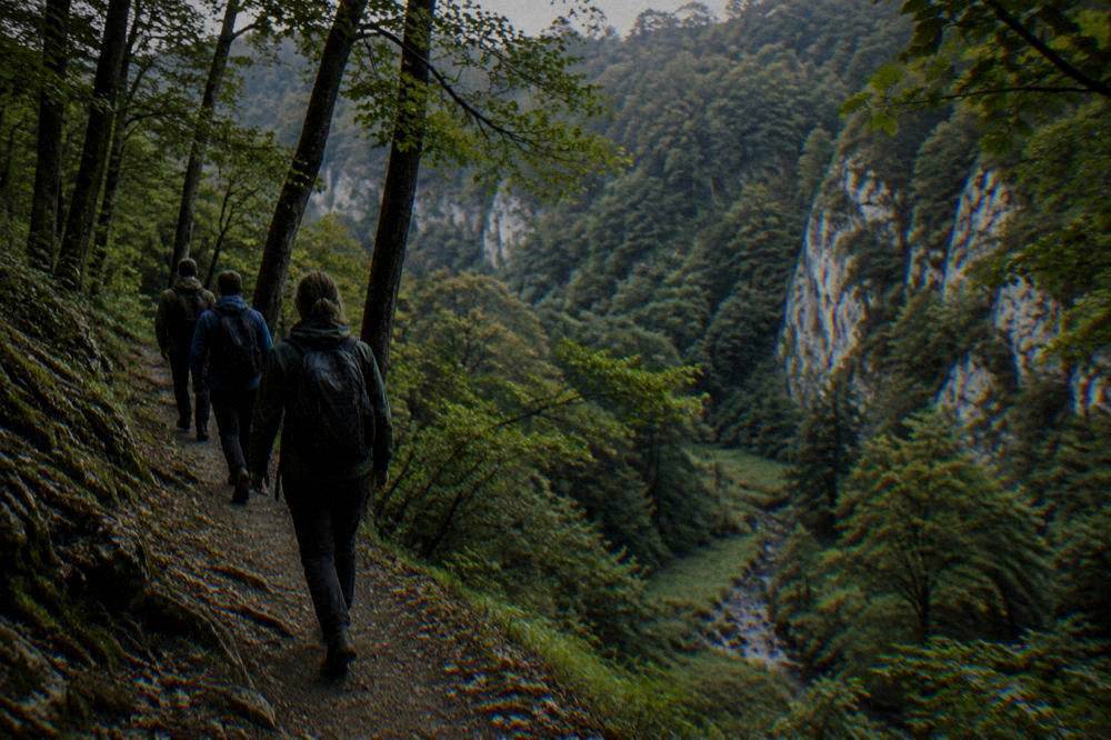 A small group of travellers with a guide on a path above a forested karst valley