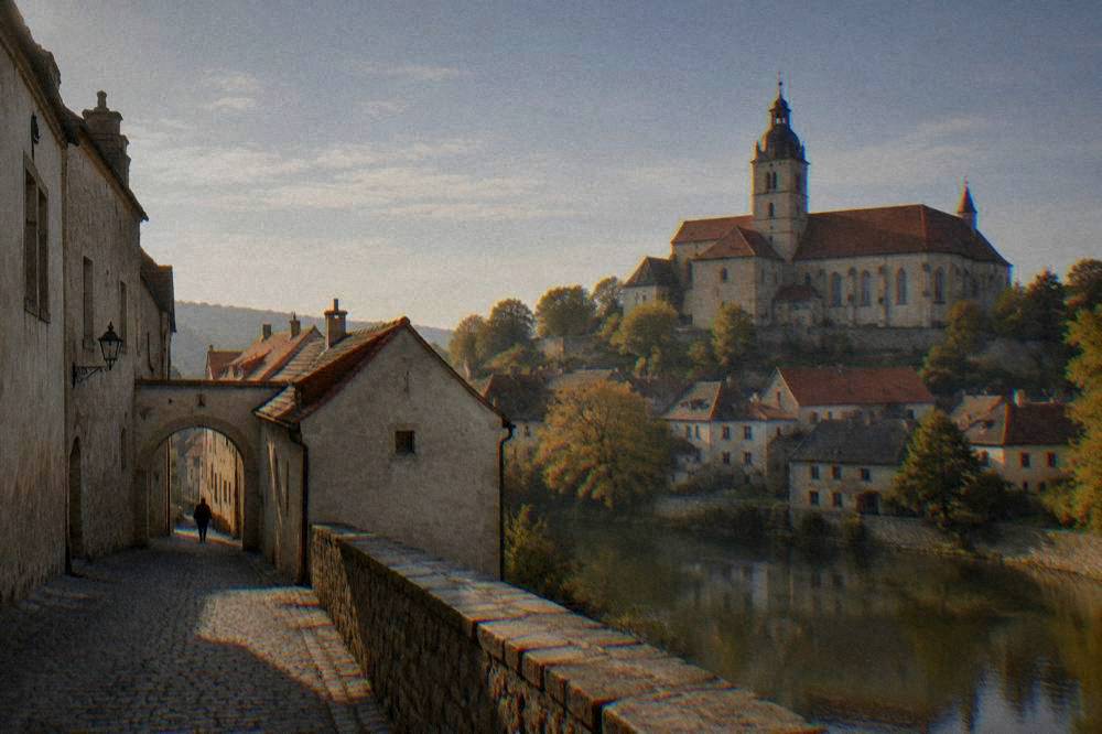 The tower and roofline of St Procopius Basilica above rooftops in Třebíč