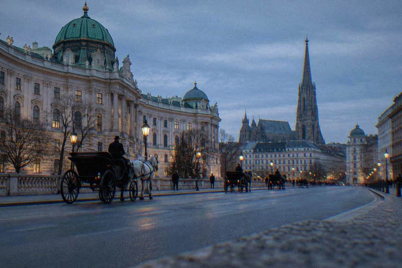 Vienna cityscape with historic buildings and a wide boulevard under an overcast sky