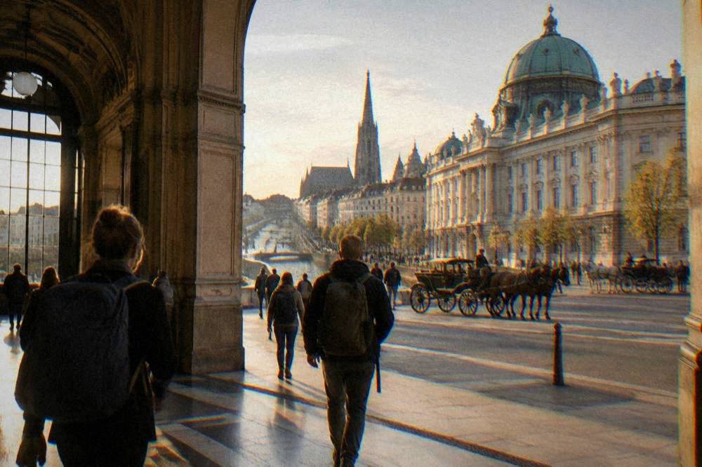 Travellers with backpacks walking through a grand station concourse with arched ceilings