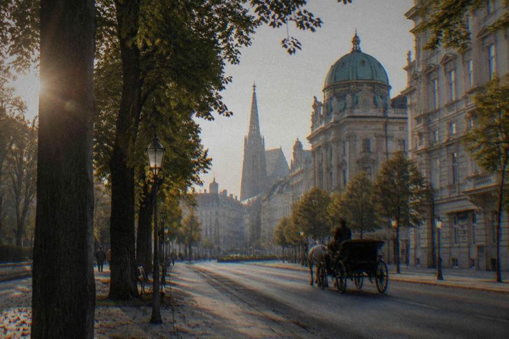 A tree-lined avenue in Vienna with historic facades and a horse-drawn carriage