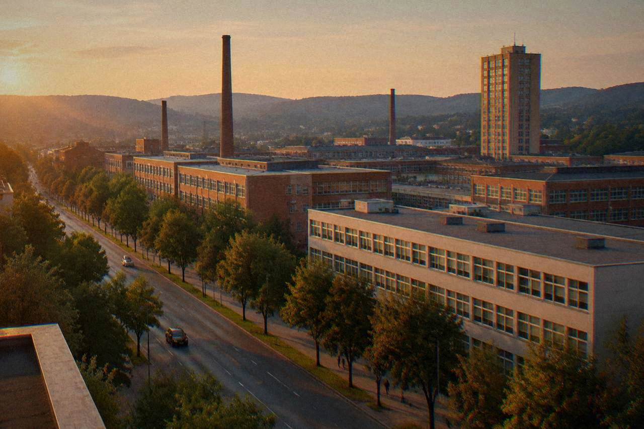 A row of flat-roofed modernist buildings along a tree-lined street in a Czech town