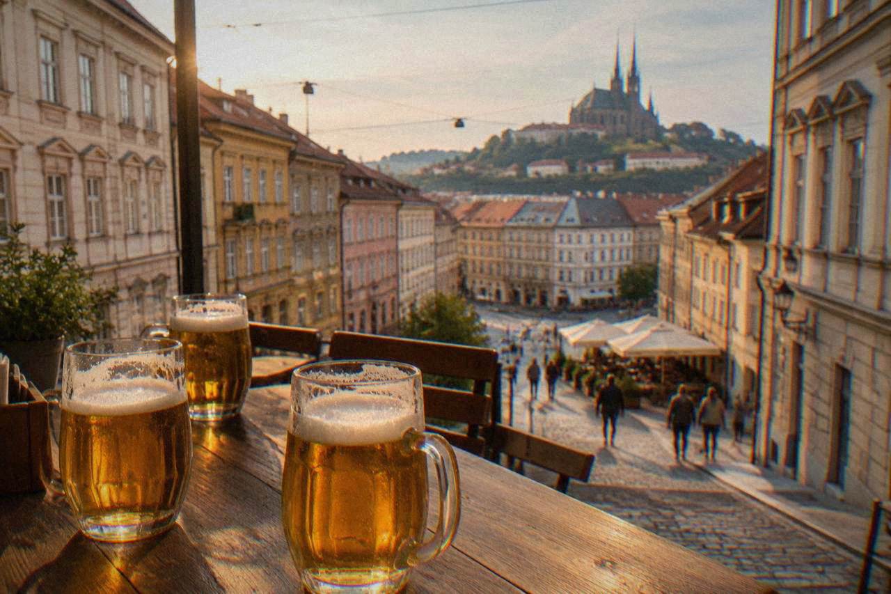 Glasses of golden Czech lager on a wooden pub table in a Brno taproom