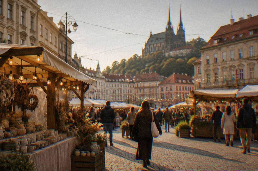 Outdoor market stalls and string lights at a Brno square festival