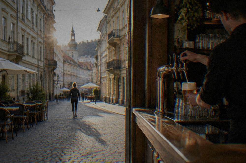 Bartender pouring a Czech lager from a tap behind a wooden bar counter