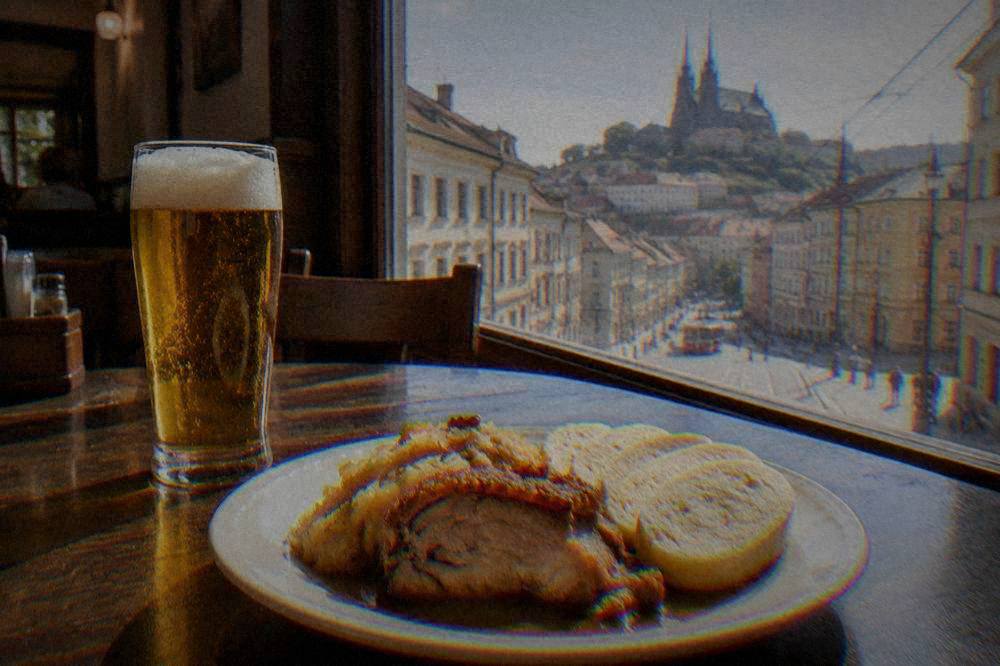 A wooden pub table with a glass of golden lager and a plate of roast pork with dumplings