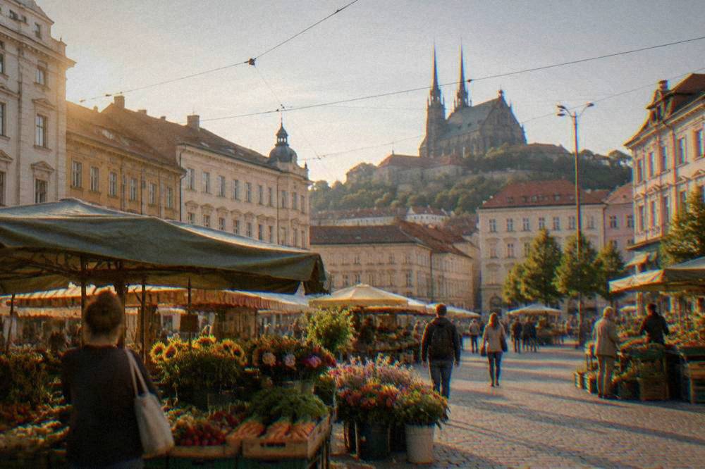 Market stalls with vegetables and flowers on a Brno square in daylight