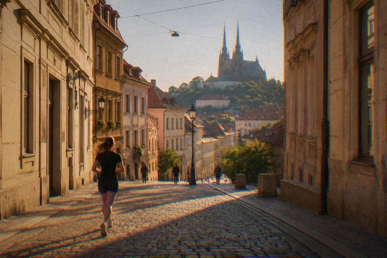 The twin spires of the Cathedral of Sts Peter and Paul rising above the rooftops of Brno on a clear day