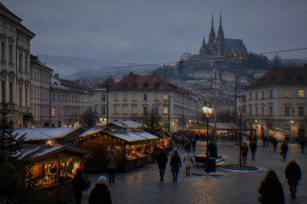Wooden market stalls with warm lights on a Brno square at dusk in winter