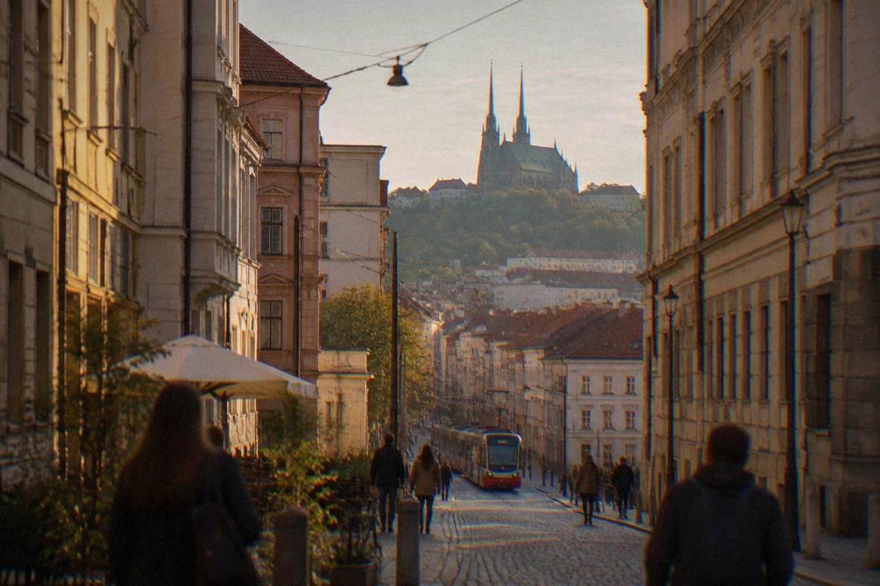 The twin spires of the Cathedral of Sts Peter and Paul rising above the rooftops of Brno