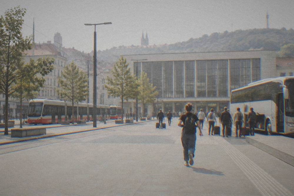A long-distance coach parked at a modern bus terminal with passengers waiting with luggage