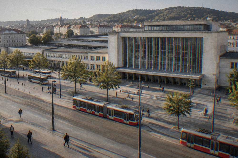 Trams passing outside the entrance of Brno main railway station