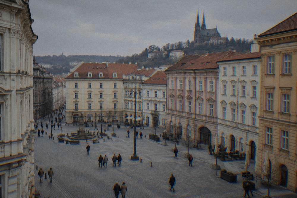 Visitors walking across a historic square lined with coloured baroque buildings in Brno