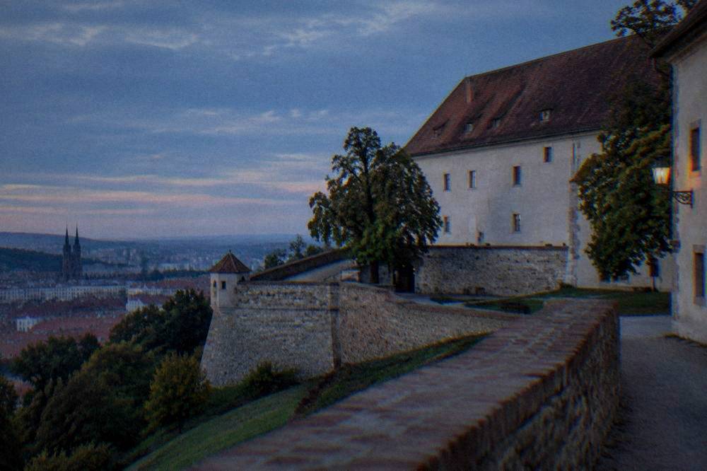 The interior courtyard and ramparts of Špilberk Castle on a hill above Brno