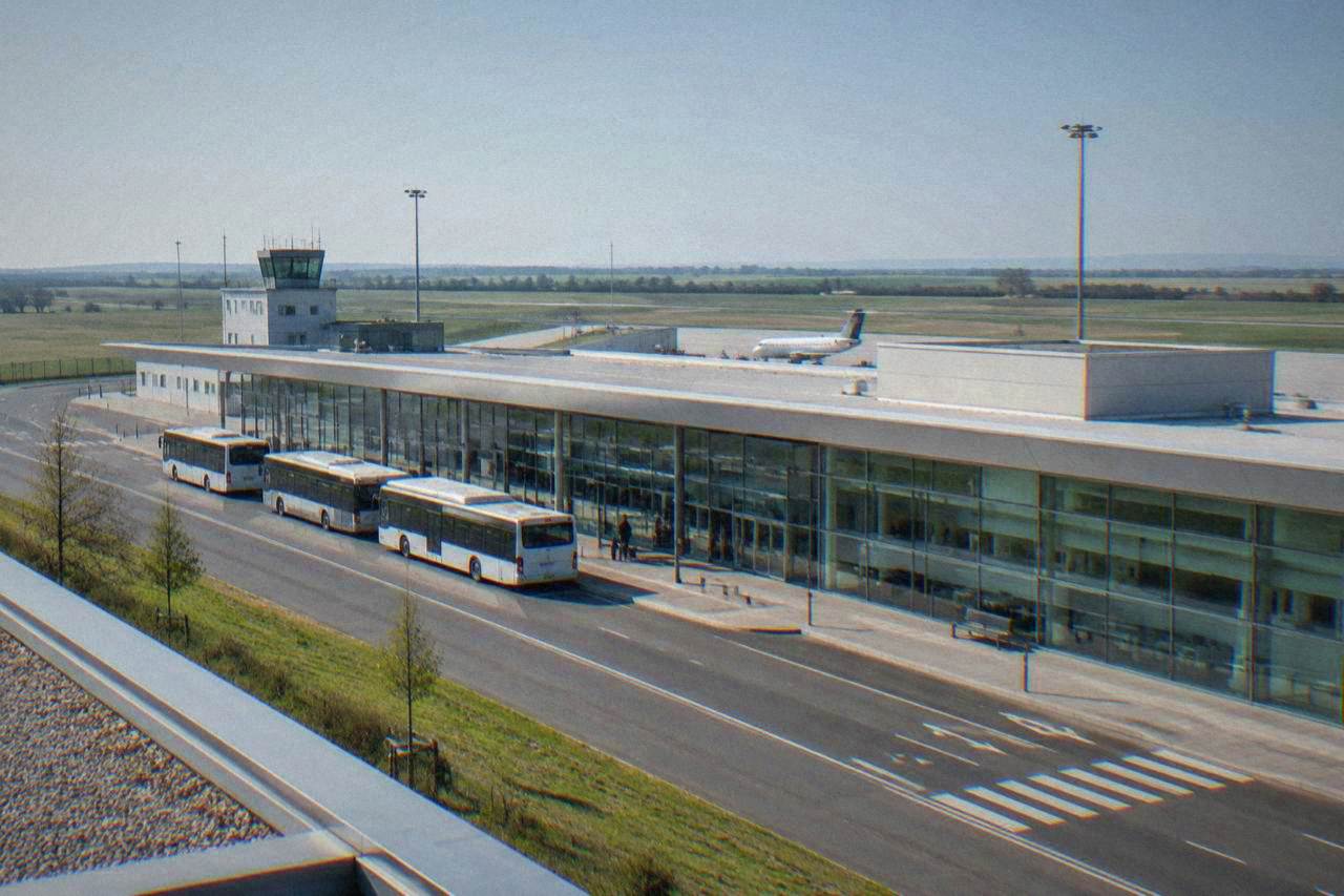 Modern airport terminal building with glass facade under a clear sky