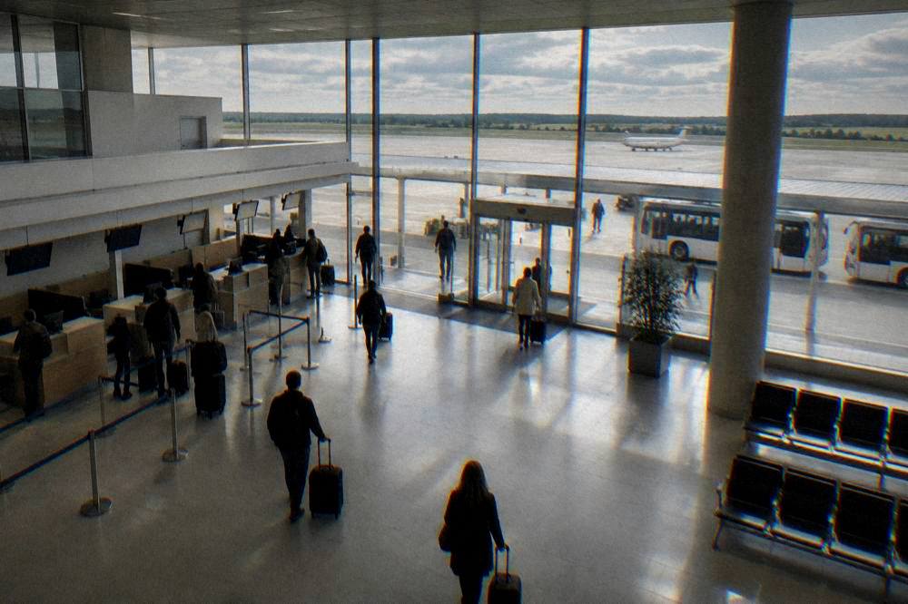 Airport departure hall with check-in desks and travellers with suitcases