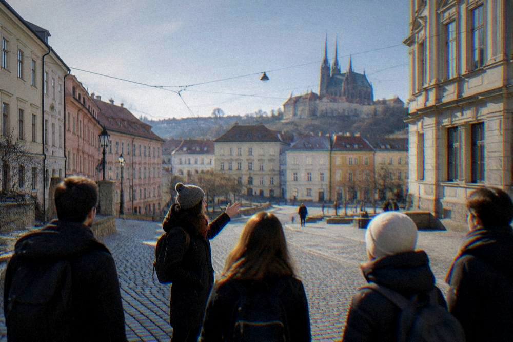 A guide speaking to a small group of visitors on a cobblestone street in Brno