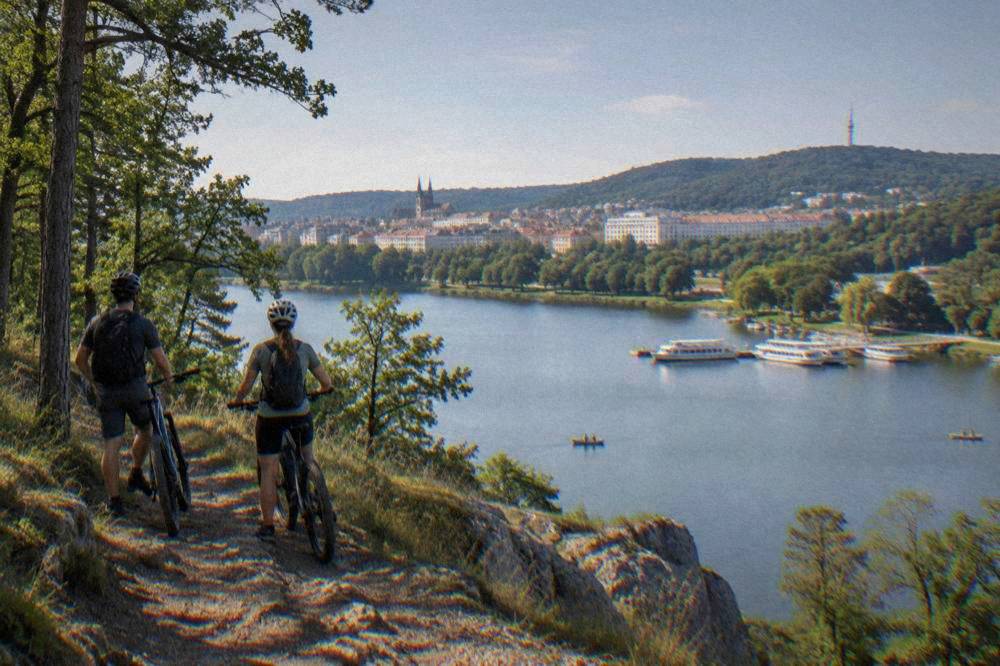 Riders on electric bikes pausing on a forest track above a rocky limestone gorge