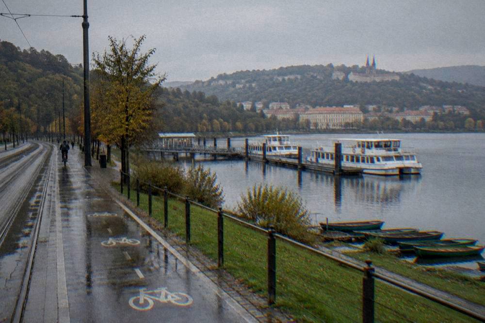 A marked city cycle lane with painted bicycle symbols running beside a tram track