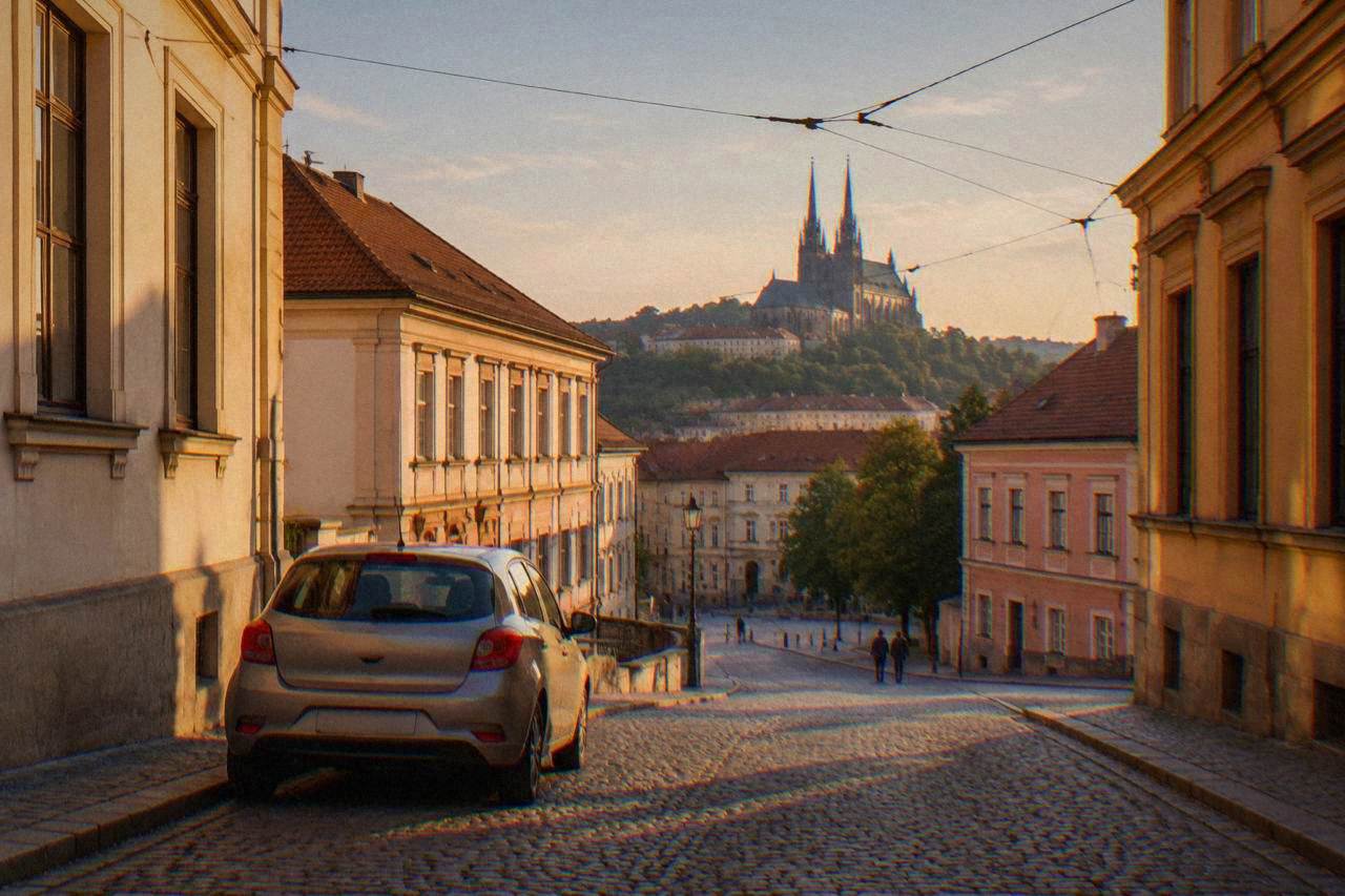 A compact rental car parked on a cobbled street in Brno with the twin spires of the cathedral rising above rooftops