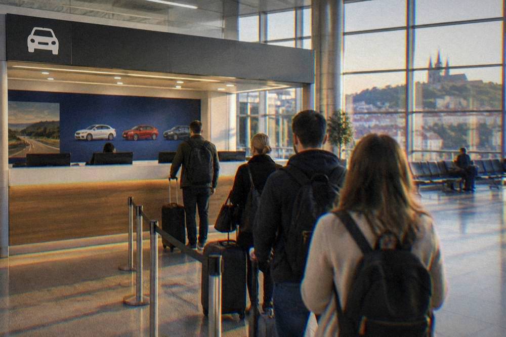 A rental car counter in a bright airport terminal with a small queue of travellers