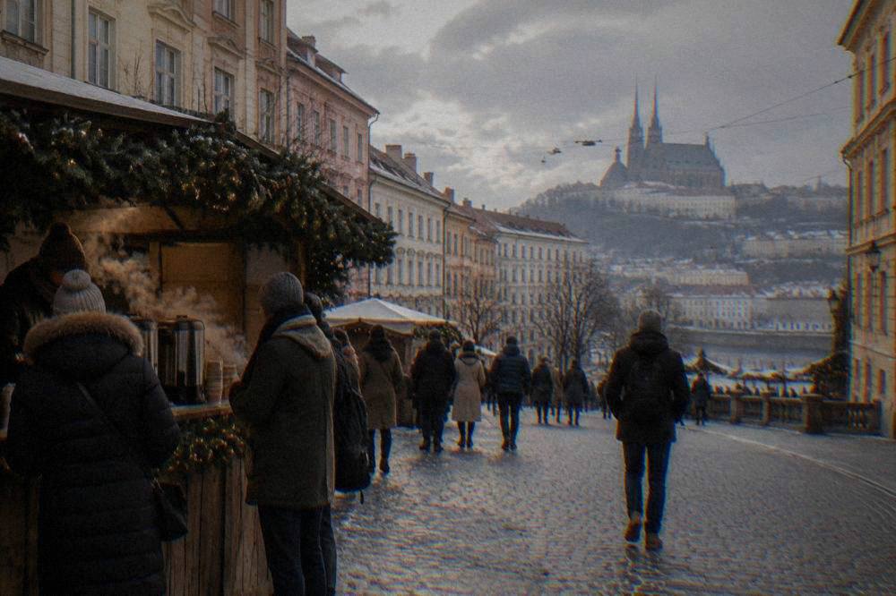 People browsing a Christmas market stall selling hot drinks in Brno