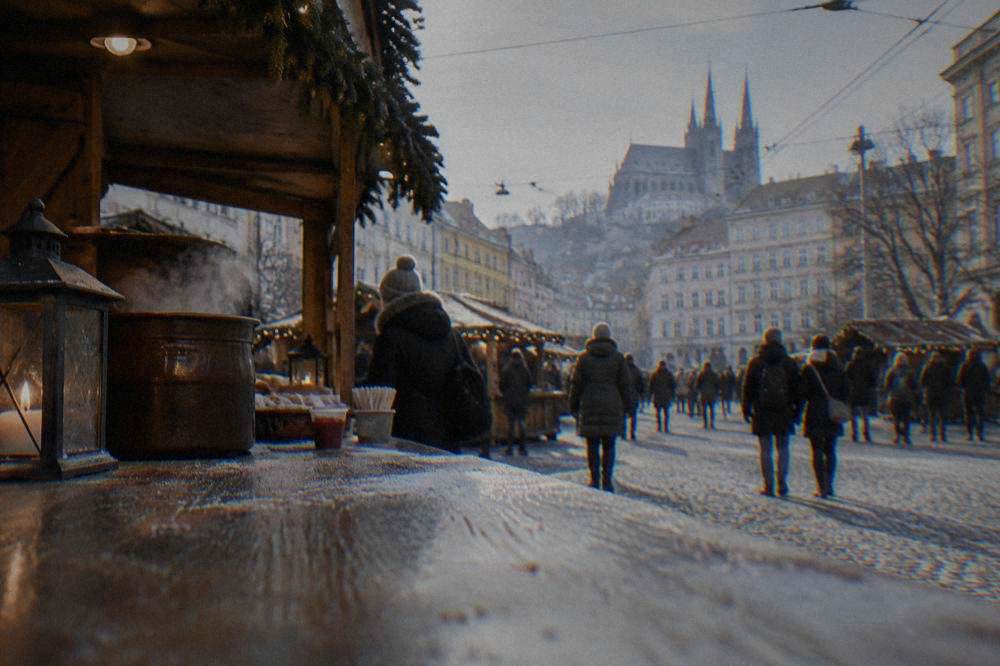 A stall selling mulled wine and hot food at a Brno Christmas market