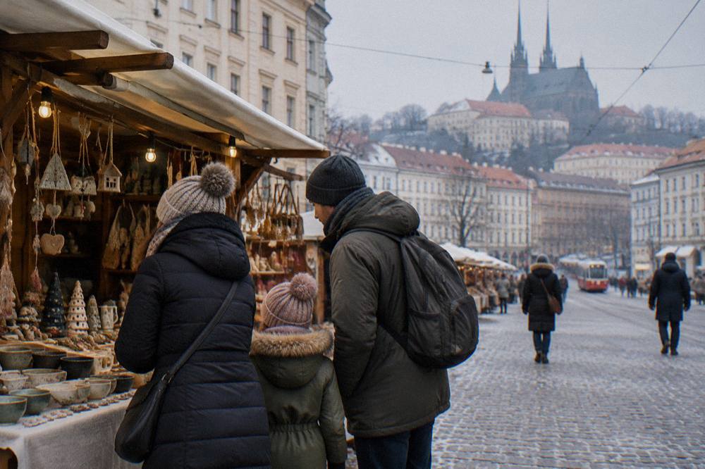 A family looking at a market stall with handcrafted goods in Brno