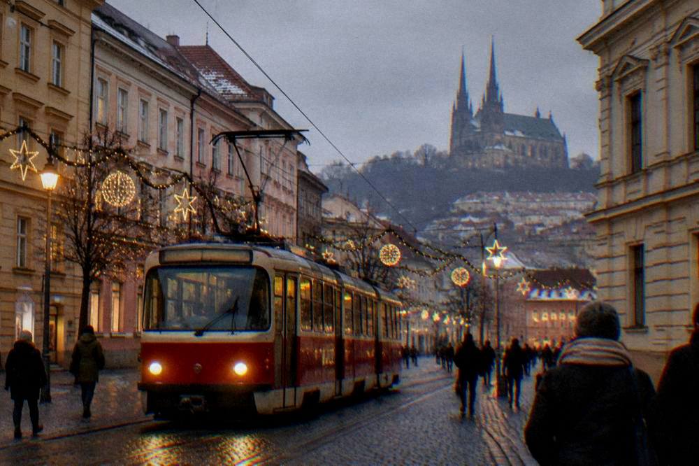 A tram passing festive decorations on an evening street in central Brno