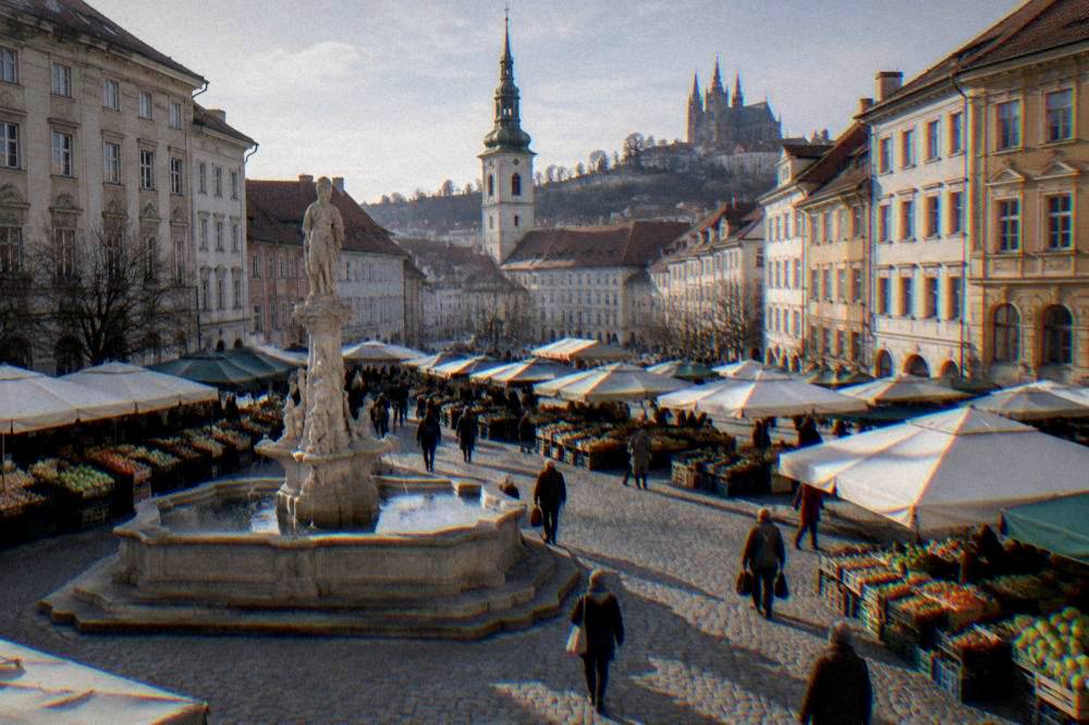 Market stalls on the Cabbage Market square in Brno with a church tower behind
