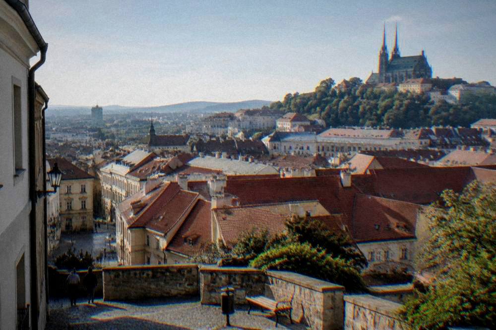 View over red rooftops of Brno from a hilltop terrace