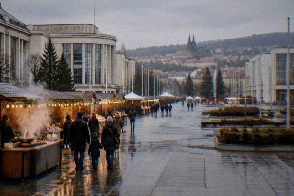 A family walking between illuminated market stalls with steam rising from a food stand