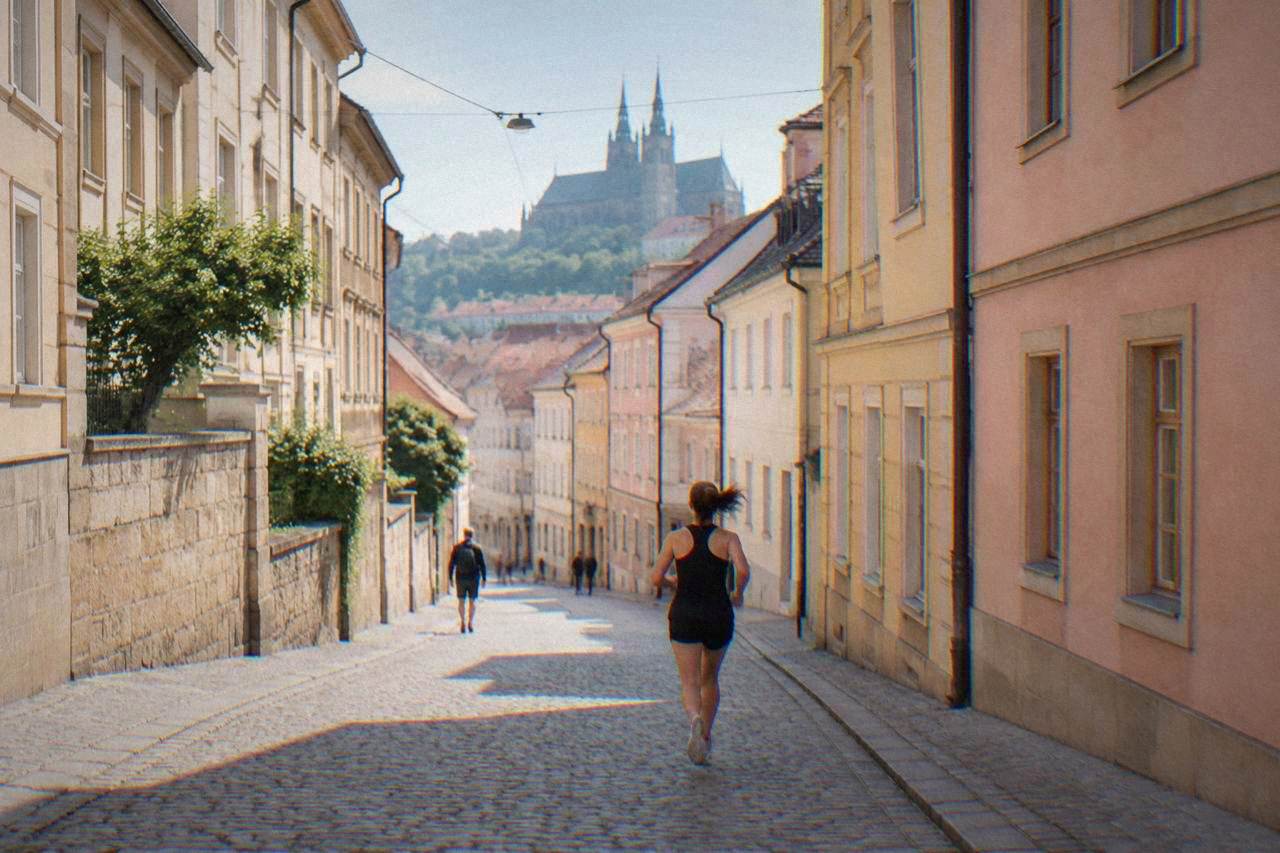 A quiet cobbled lane in Brno with pastel facades and morning light on the stonework