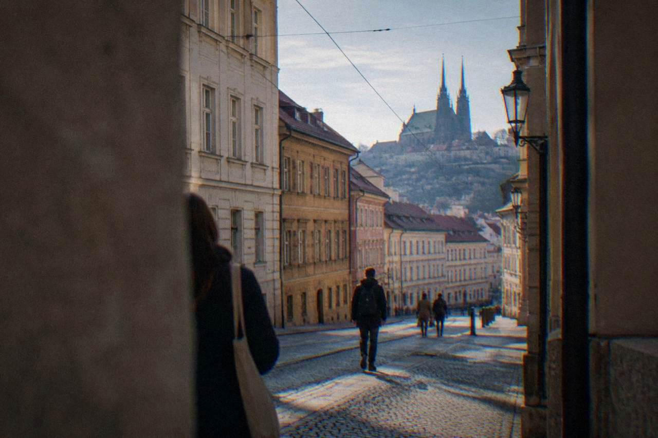 The twin spires of the Cathedral of Sts Peter and Paul rising above the rooftops of Brno on Petrov Hill