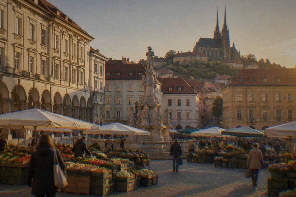 The colonnaded side of the Cabbage Market square in Brno with market stalls and historic townhouses