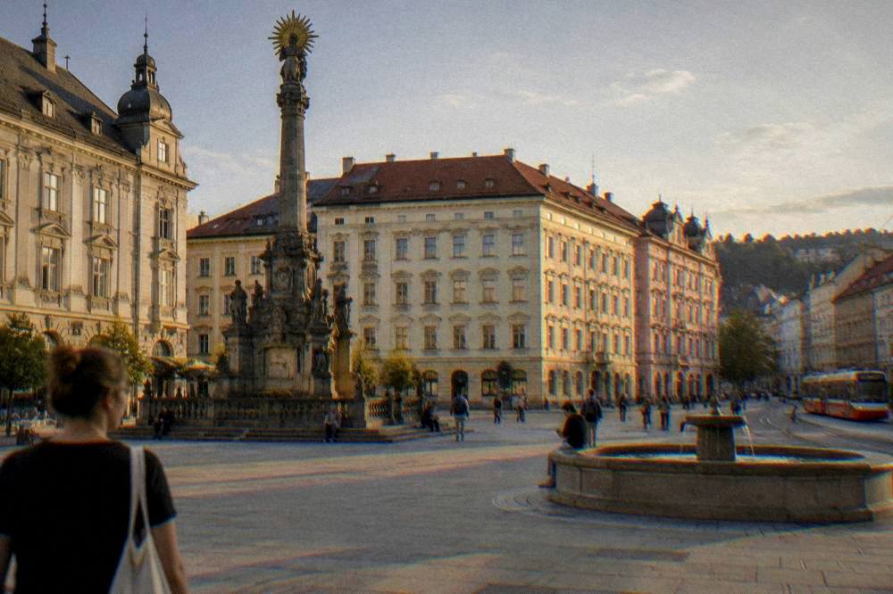 Evening light on Freedom Square in Brno with the plague column and renaissance townhouses
