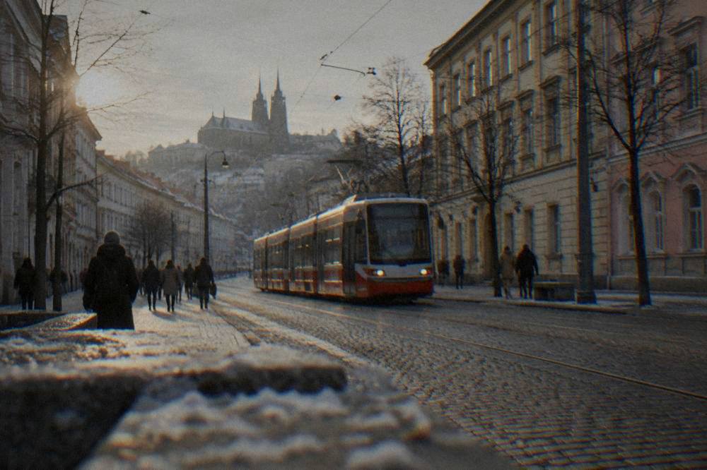 A tram moving along a Brno street lined with closed winter trees