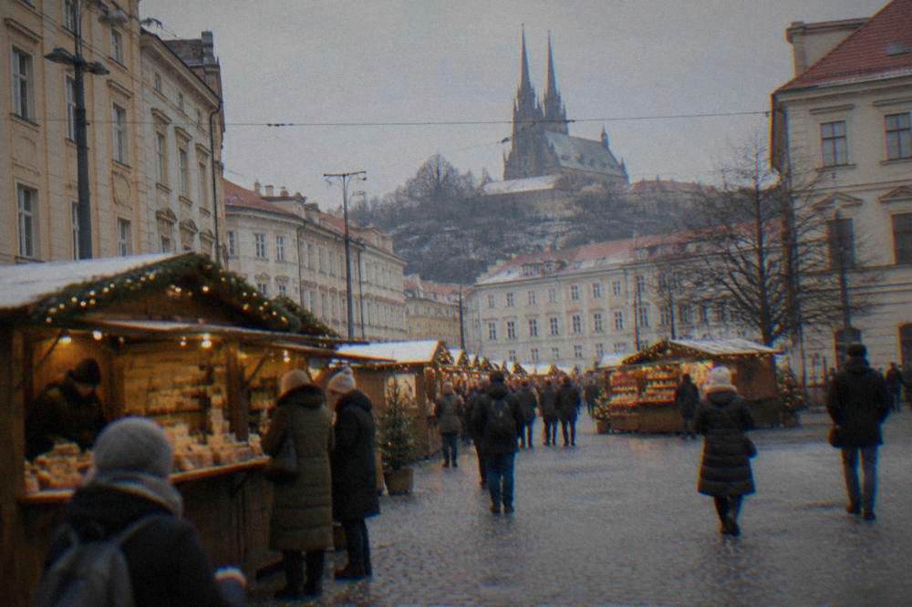 Wooden market stalls with warm lights standing on a Brno square in the evening