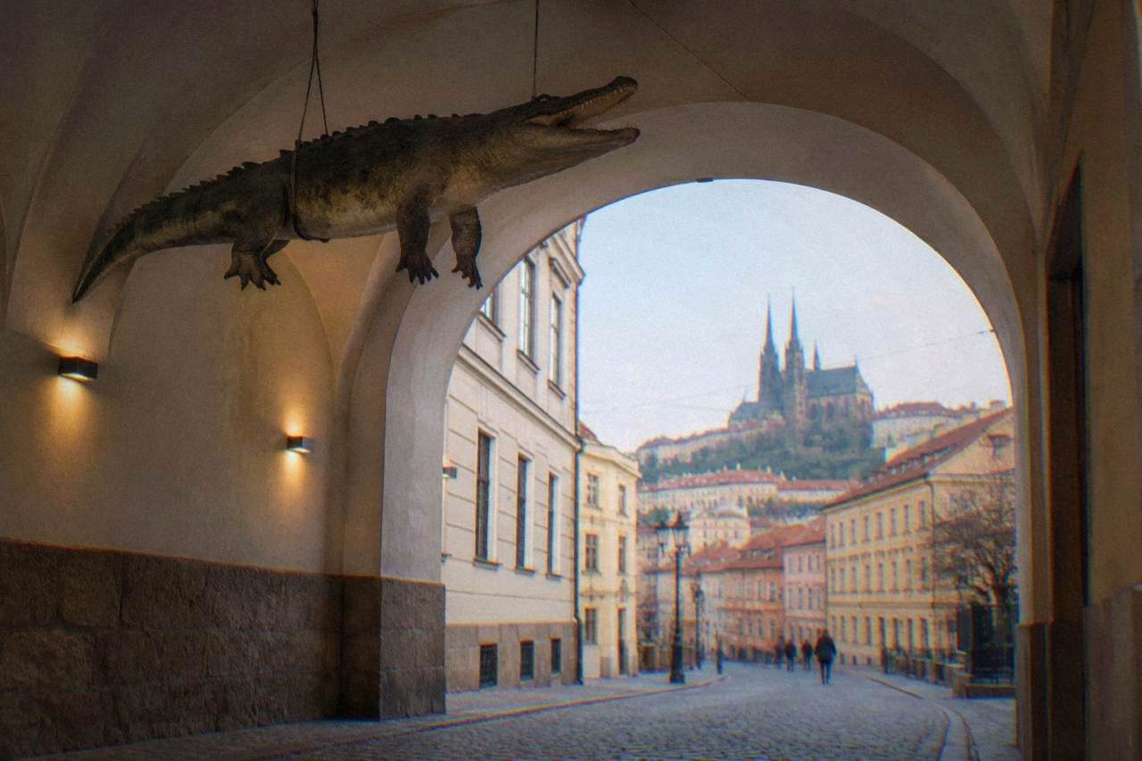 A stuffed crocodile suspended from a vaulted ceiling in a historic building passage in Brno