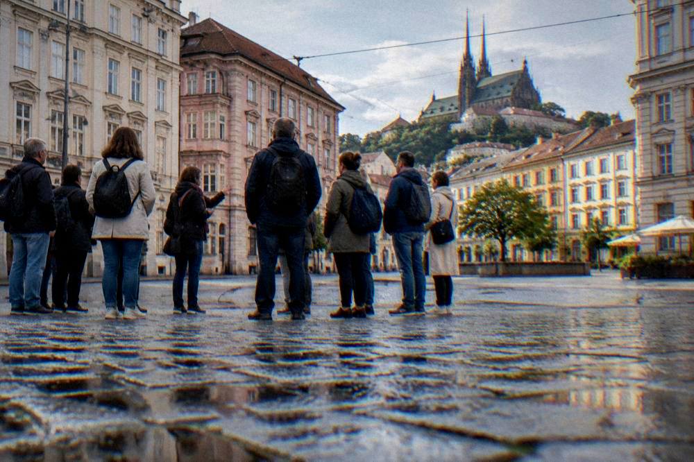 A guided walking group listening to a guide in a Brno square