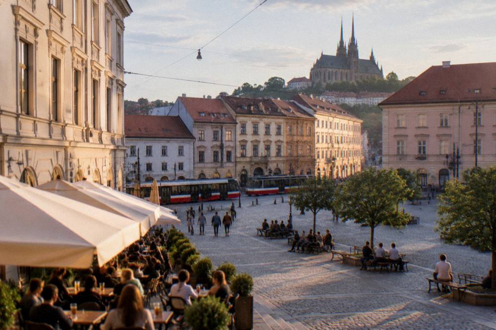 Evening light on a historic square in Brno with people sitting outdoors