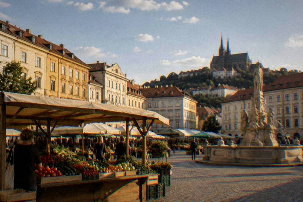 A wooden market stall on the Cabbage Market square in Brno